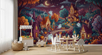 Panorama mural Village nocturne fantomatique et fantaisiste