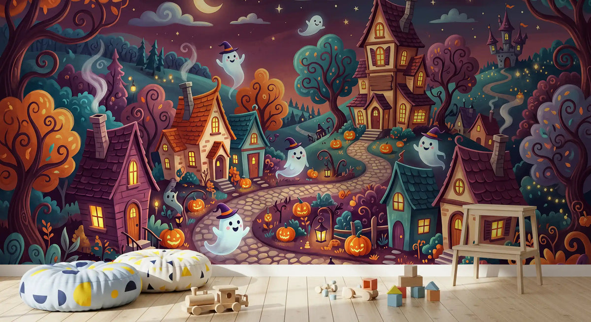 Panorama mural Village nocturne fantomatique et fantaisiste