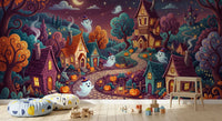 Panorama mural Village nocturne fantomatique et fantaisiste