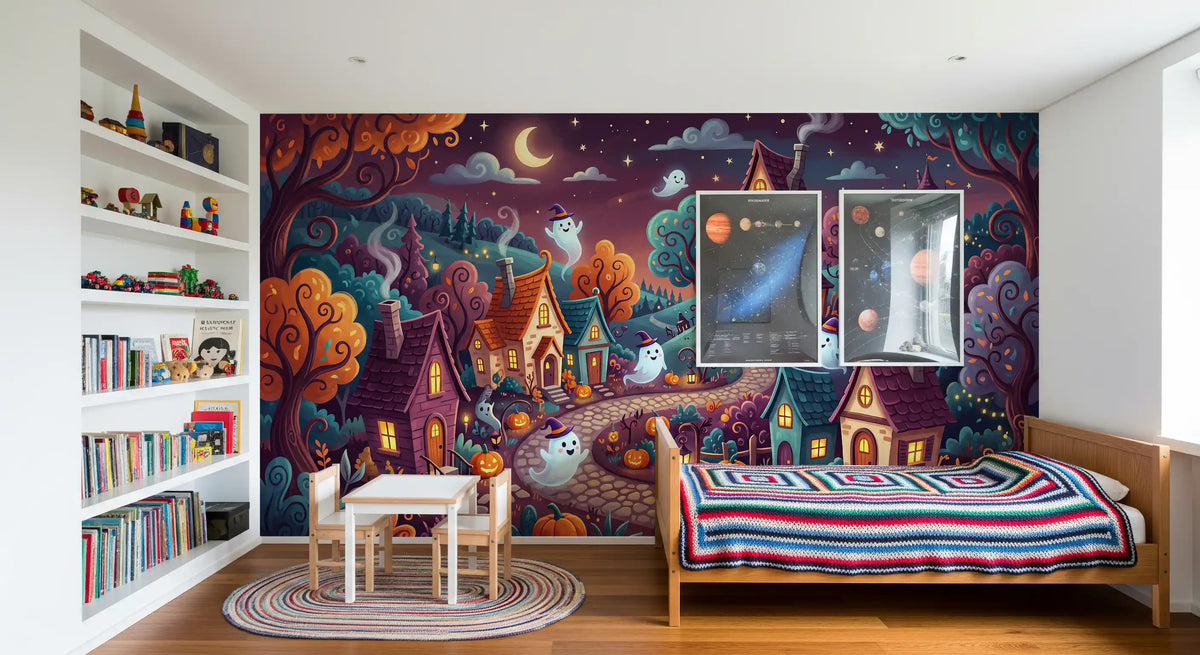 Panorama mural Village nocturne fantomatique et fantaisiste