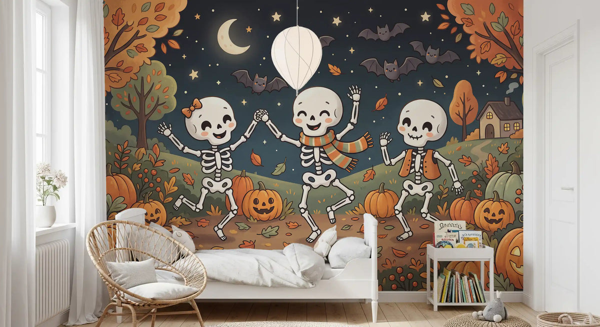 Papier peint panoramique mural représentant une forêt nocturne automnale en fête