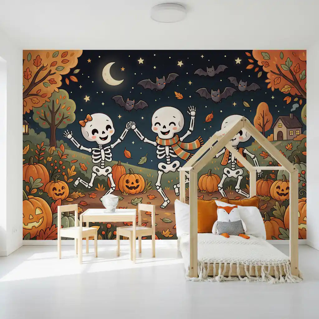 Papier peint panoramique mural représentant une forêt nocturne automnale en fête