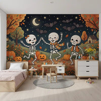 Papier peint panoramique mural représentant une forêt nocturne automnale en fête