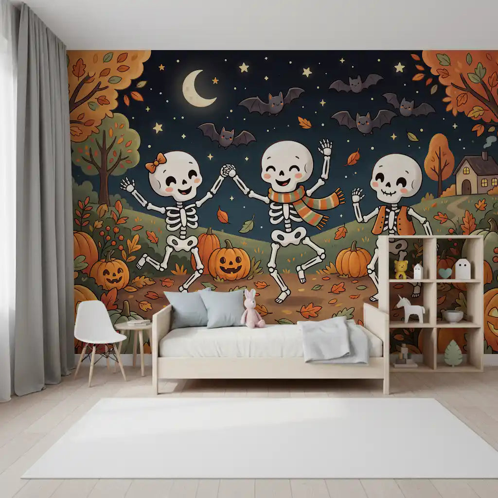 Papier peint panoramique mural représentant une forêt nocturne automnale en fête