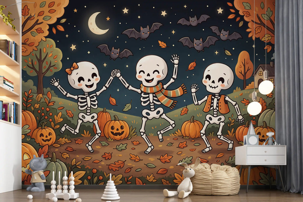 Papier peint panoramique mural représentant une forêt nocturne automnale en fête