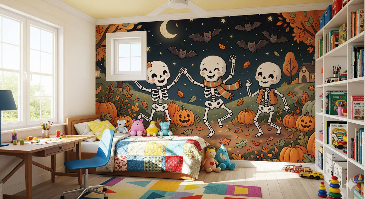 Papier peint panoramique mural représentant une forêt nocturne automnale en fête