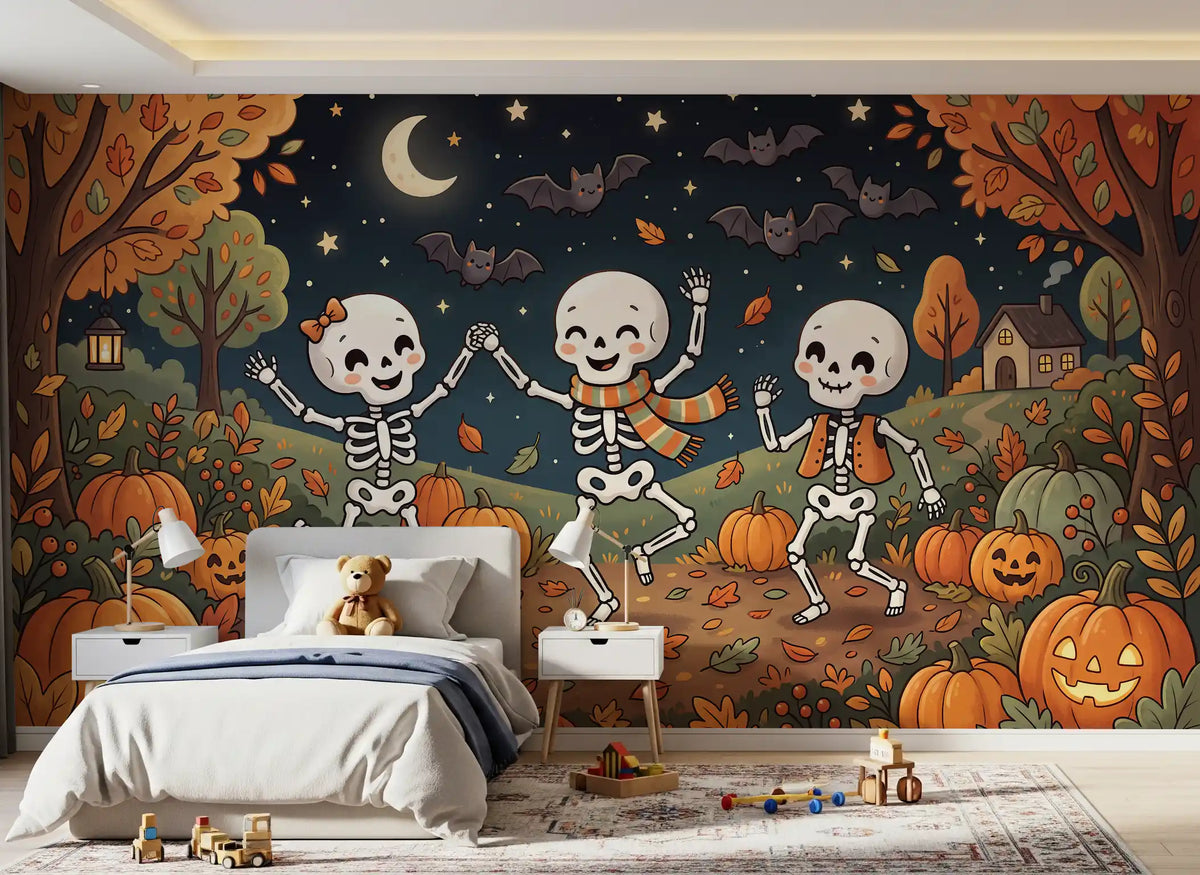 Papier peint panoramique mural représentant une forêt nocturne automnale en fête
