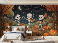 Papier peint panoramique mural représentant une forêt nocturne automnale en fête
