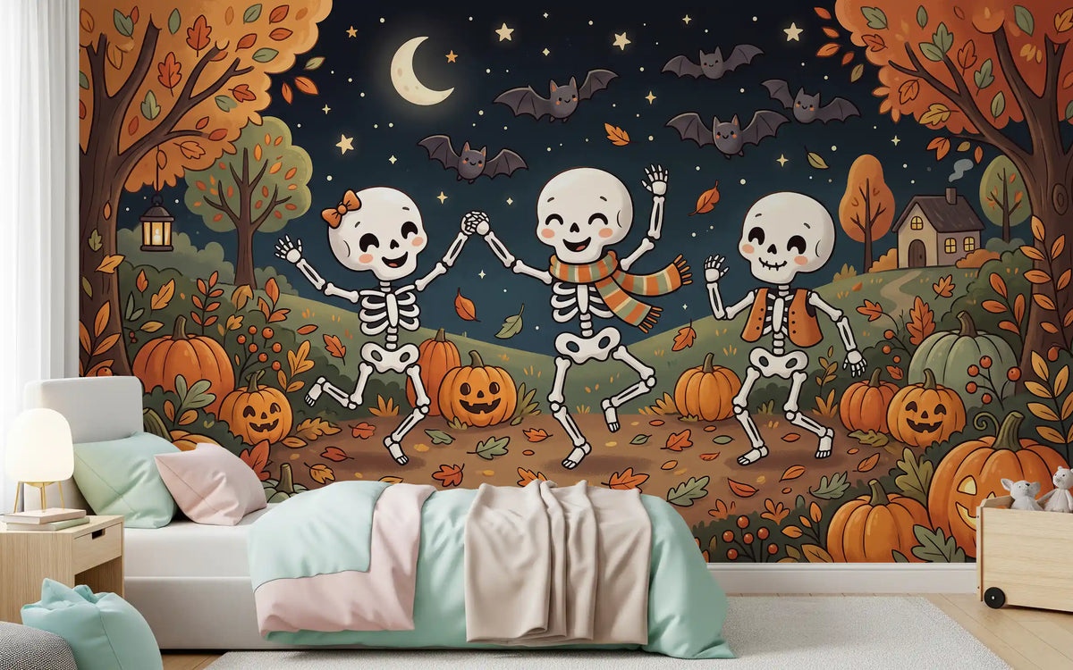 Papier peint panoramique mural représentant une forêt nocturne automnale en fête
