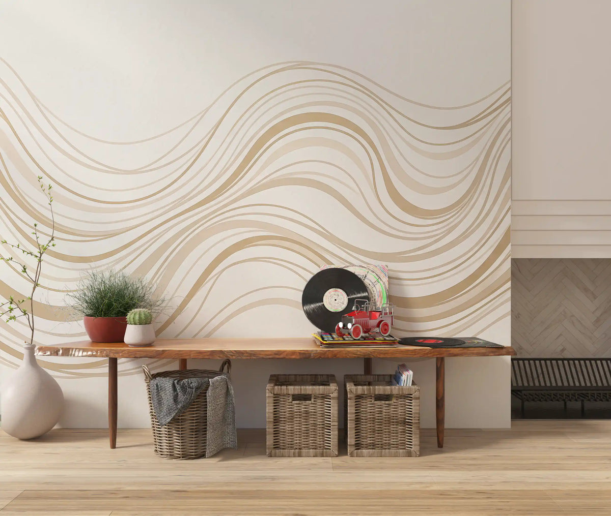 Murale da parete con linee ondulate fluide color crema e beige
