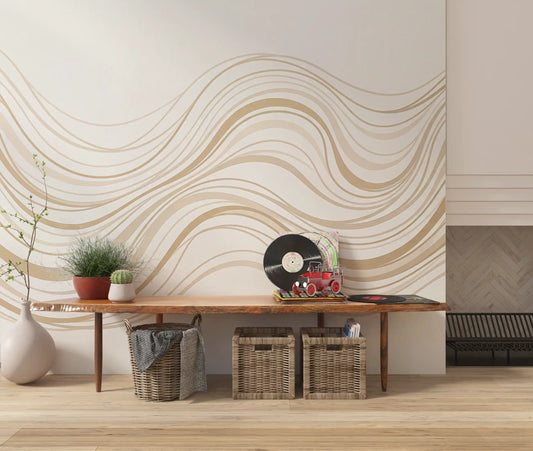 Murale da parete con linee ondulate fluide color crema e beige