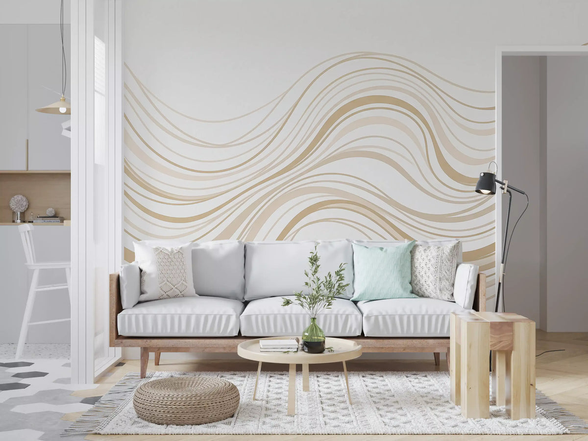Murale da parete con linee ondulate fluide color crema e beige