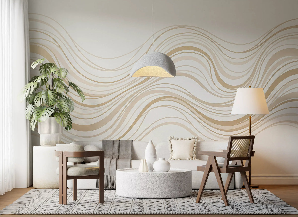 Murale da parete con linee ondulate fluide color crema e beige