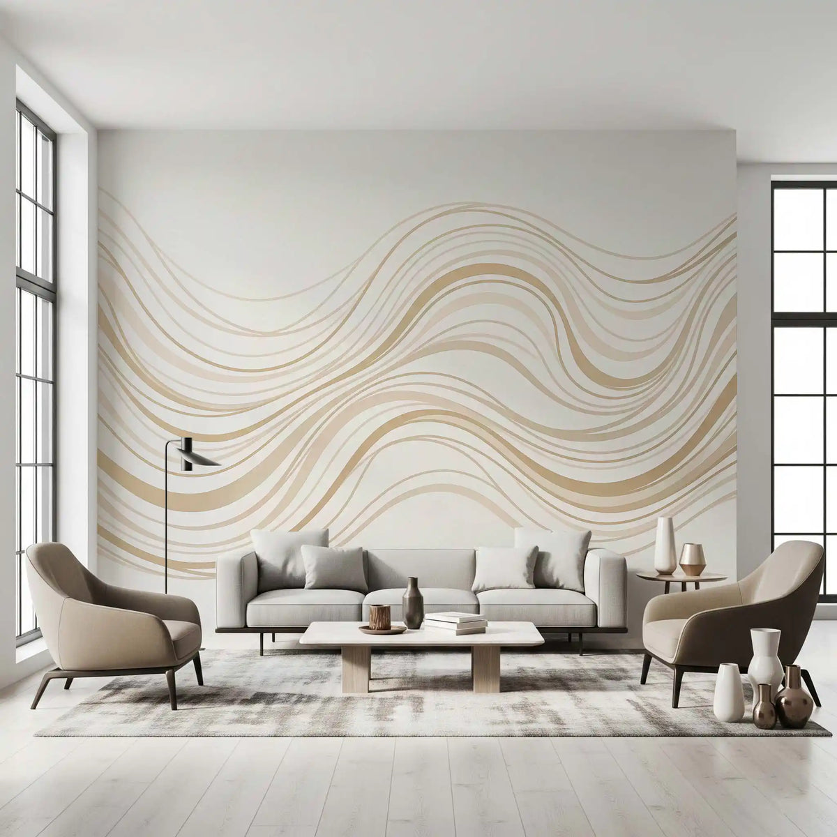 Murale da parete con linee ondulate fluide color crema e beige