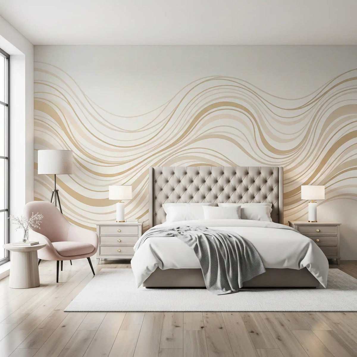 Murale da parete con linee ondulate fluide color crema e beige