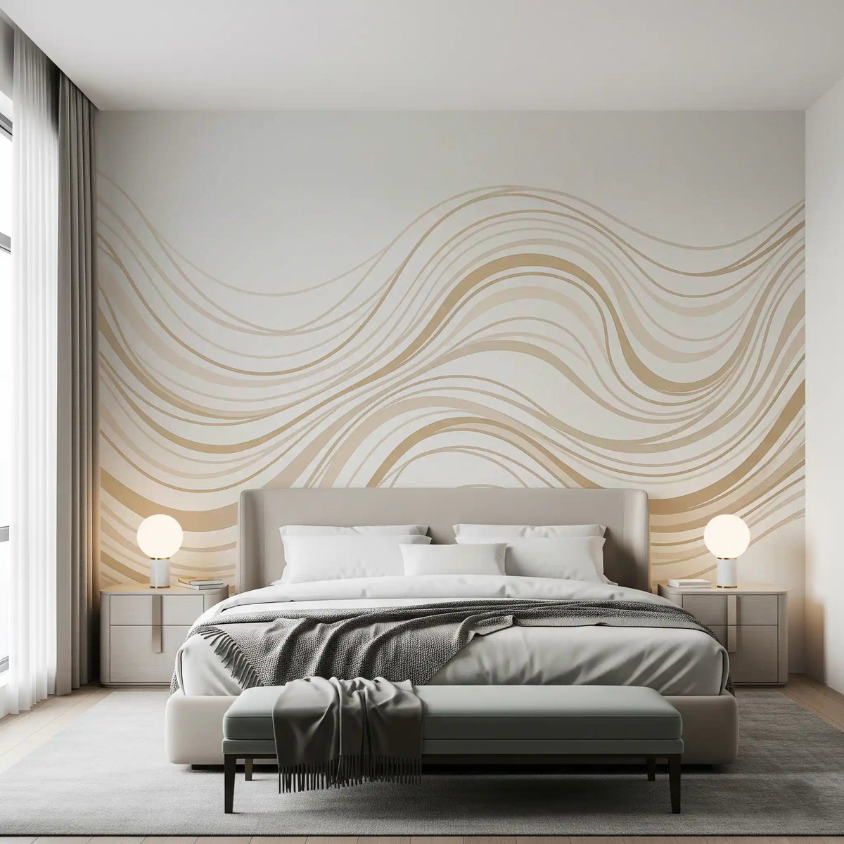 Murale da parete con linee ondulate fluide color crema e beige