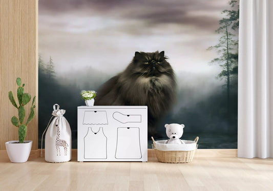 Majestätische Perserkatze im nebligen Wald als Wandbild