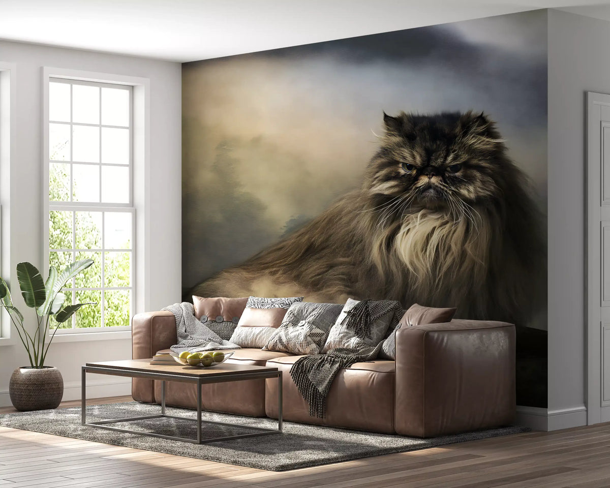 Mural de parede com felino persa numa floresta enevoada