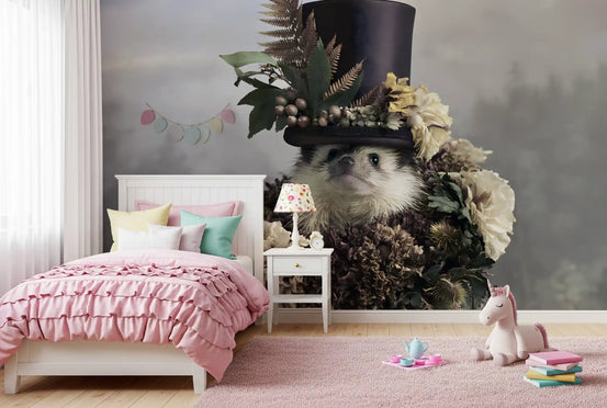 Papier peint panoramique mural Hérisson avec haut-de-forme botanique