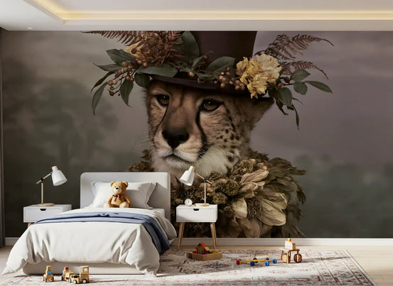 Papier peint panoramique mural représentant un guépard avec un haut-de-forme et une couronne florale