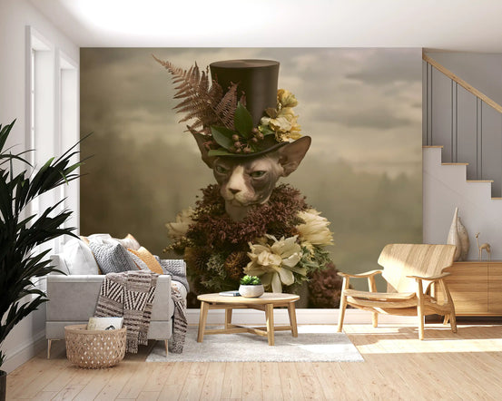 Papillon mural représentant un sphynx élégant coiffé d’un haut-de-forme et entouré de fleurs