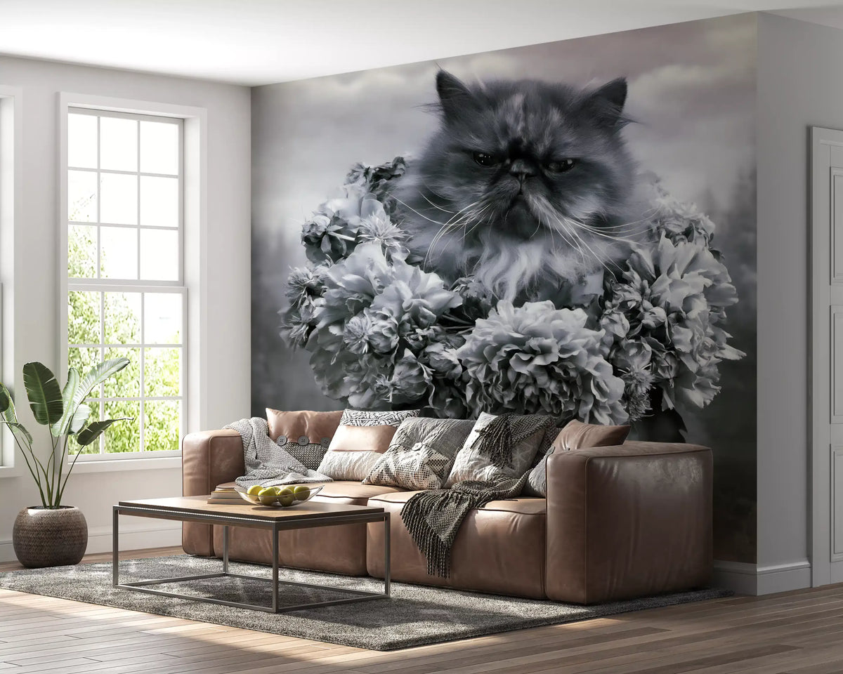 Papillon mural représentant un chat persan avec une couronne de fleurs