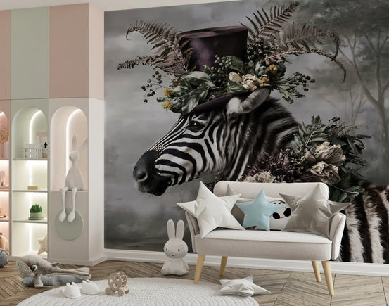 Papier peint panoramique mural « Zèbre élégant au chapeau fleuri »