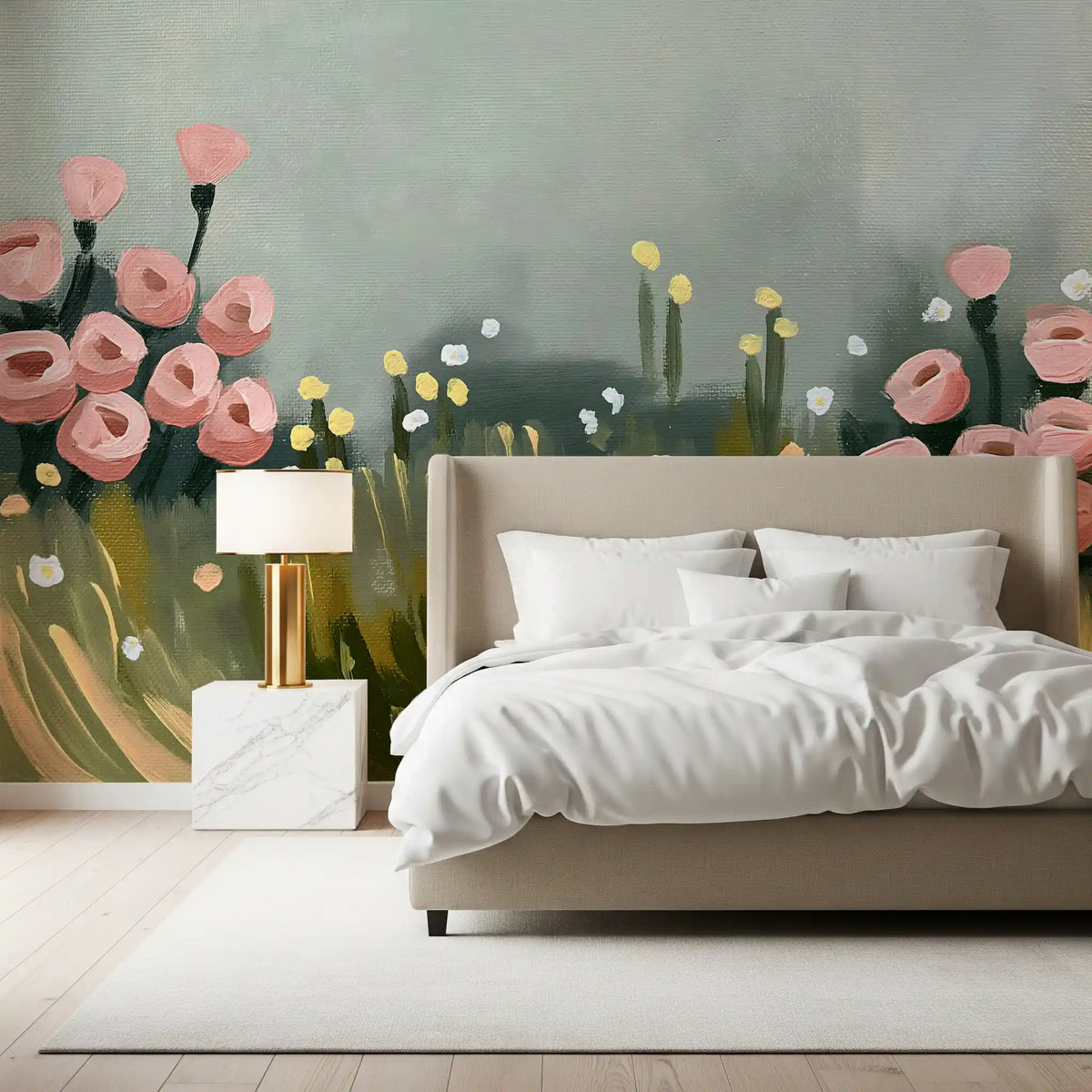 Murale da parete Petali rosa tenue nella foschia del prato