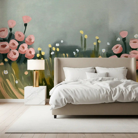Papillons rose pâle dans la brume des prés - fresque murale