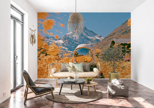 Astronaut Amidst Golden Alpine Blooms Wall Mural