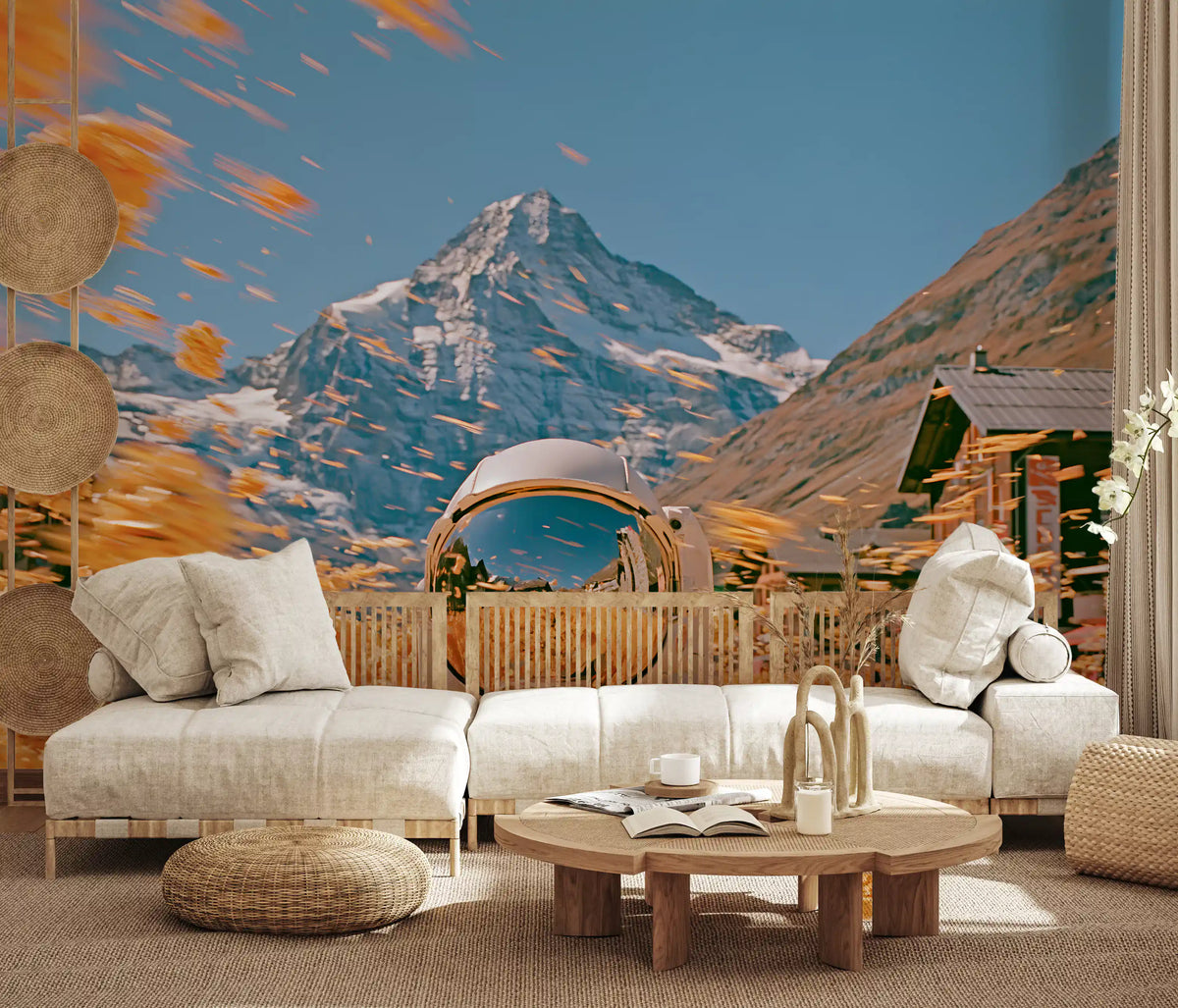 Fresque murale « Astronaute au milieu de fleurs alpines dorées »