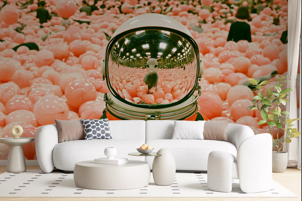 Space wallpaper behind a curved white sofa, round pouf table and potted plant GD13731