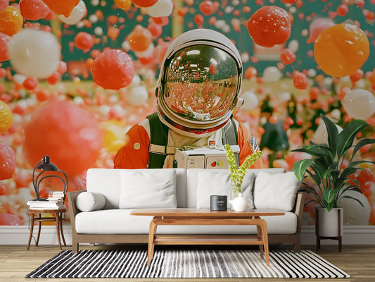 Astronaut Amidst Floating Orbs Wall Mural