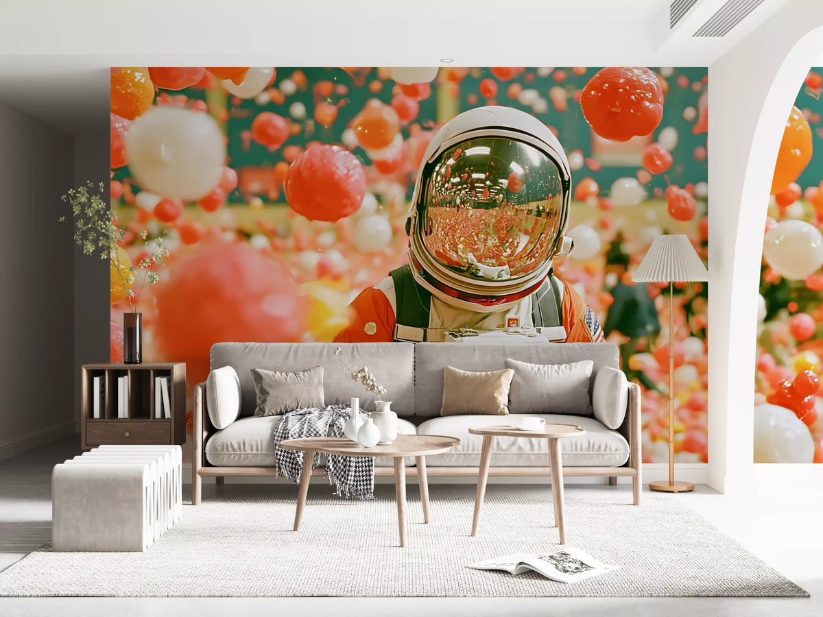 Muurschildering van een astronaut tussen zwevende bollen