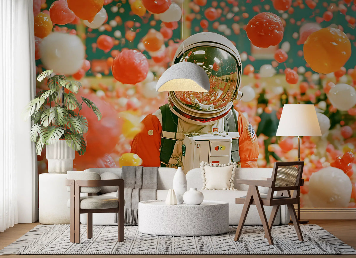 Muurschildering van een astronaut tussen zwevende bollen