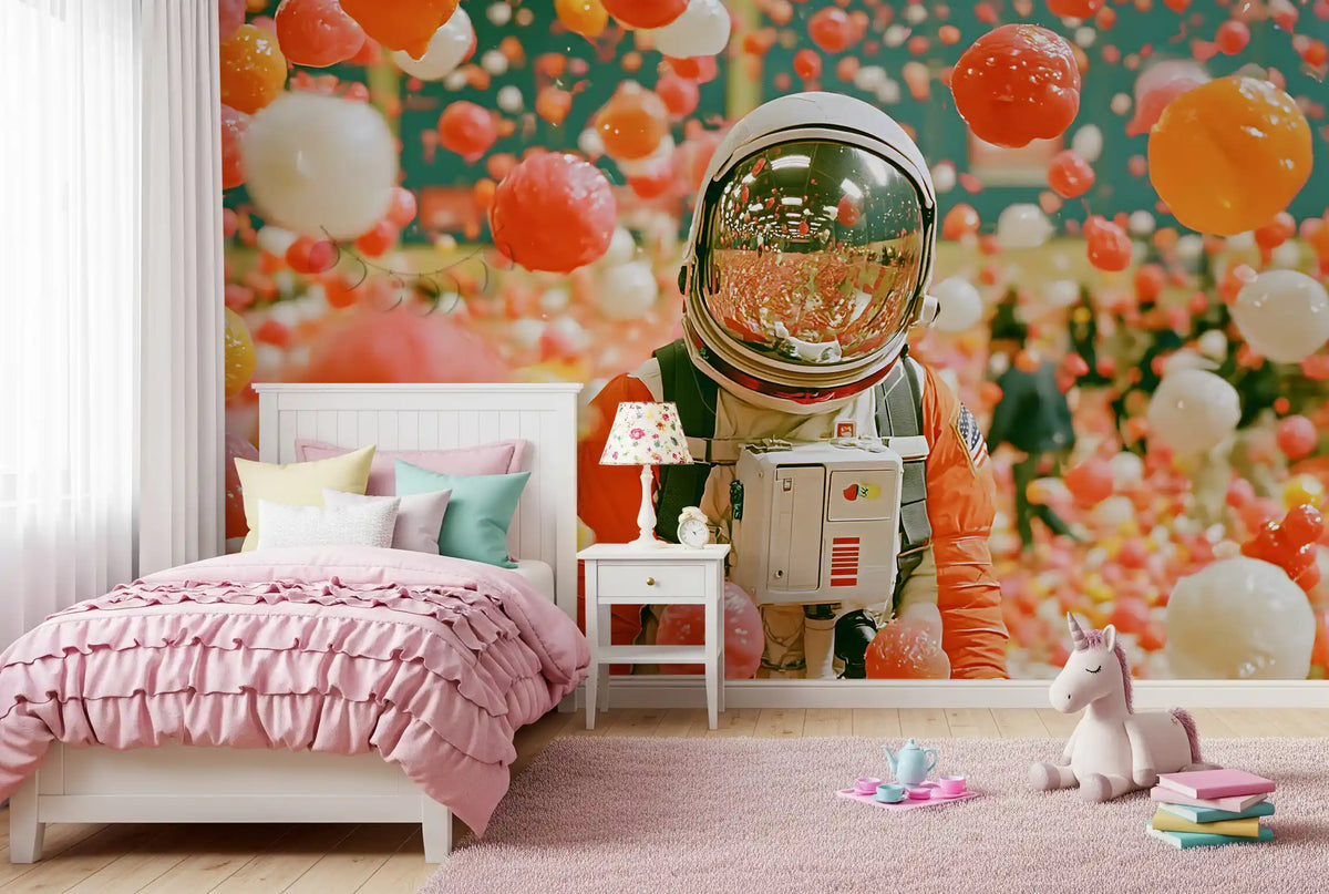 Muurschildering van een astronaut tussen zwevende bollen