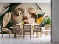 Muurschildering met botanische portretstudie