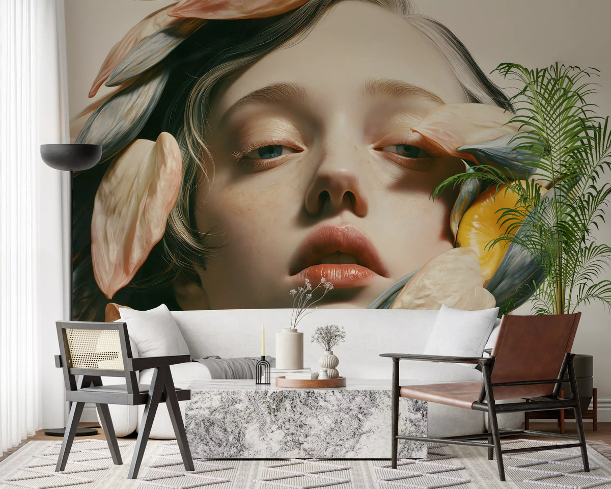 Muurschildering met botanische portretstudie