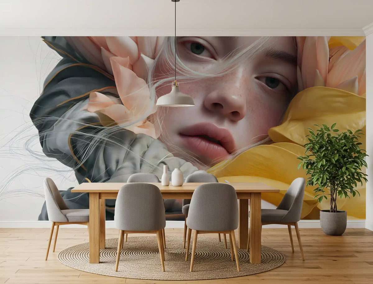Fresque murale d’un portrait floral éthéré