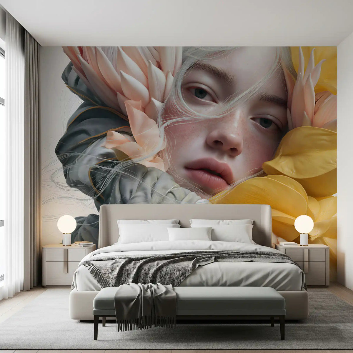 Fresque murale d’un portrait floral éthéré