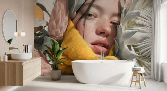 Papier peint panoramique mural « Portrait floral serein aux tons lumineux »