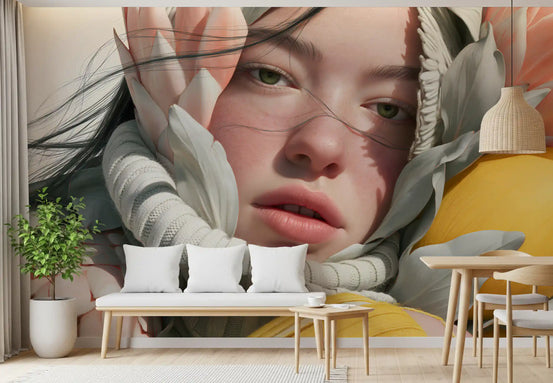 Fresque murale artistique de portrait floral éthéré