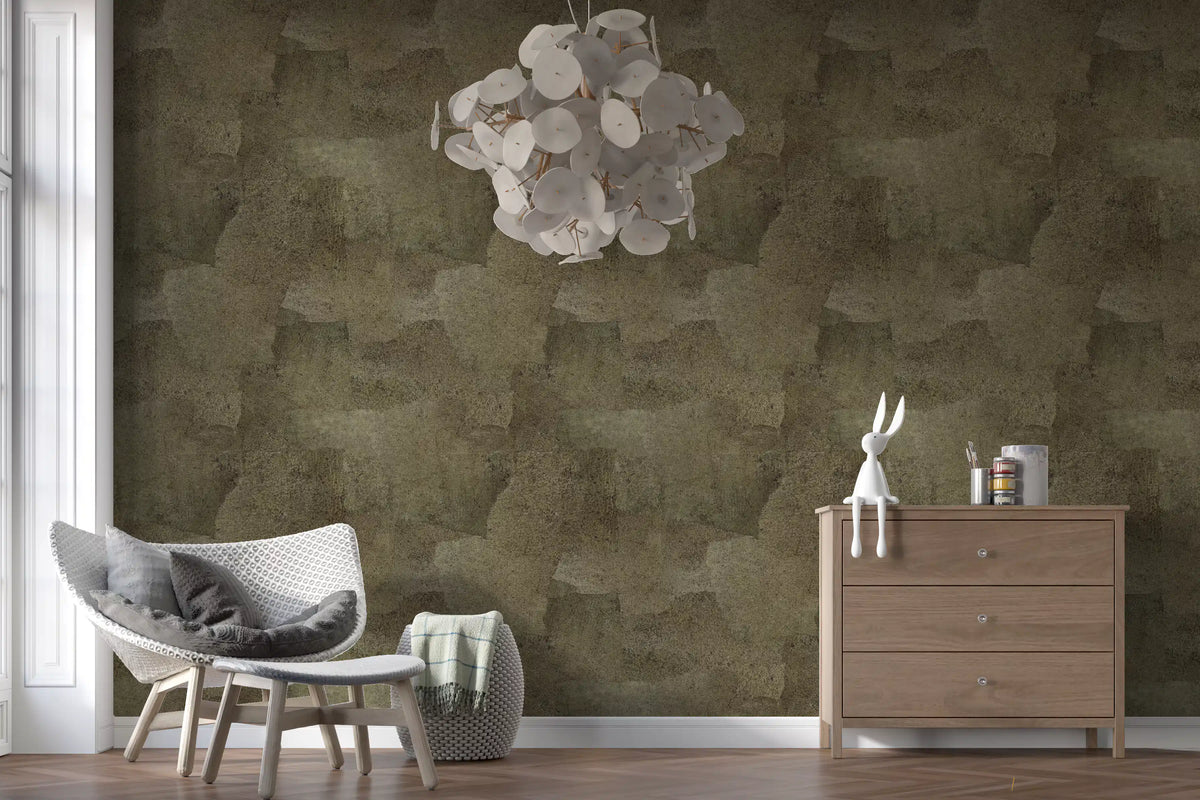 Abstract wallpaper behind a gray lounge chair, wood dresser and white petal chandelier GD13748