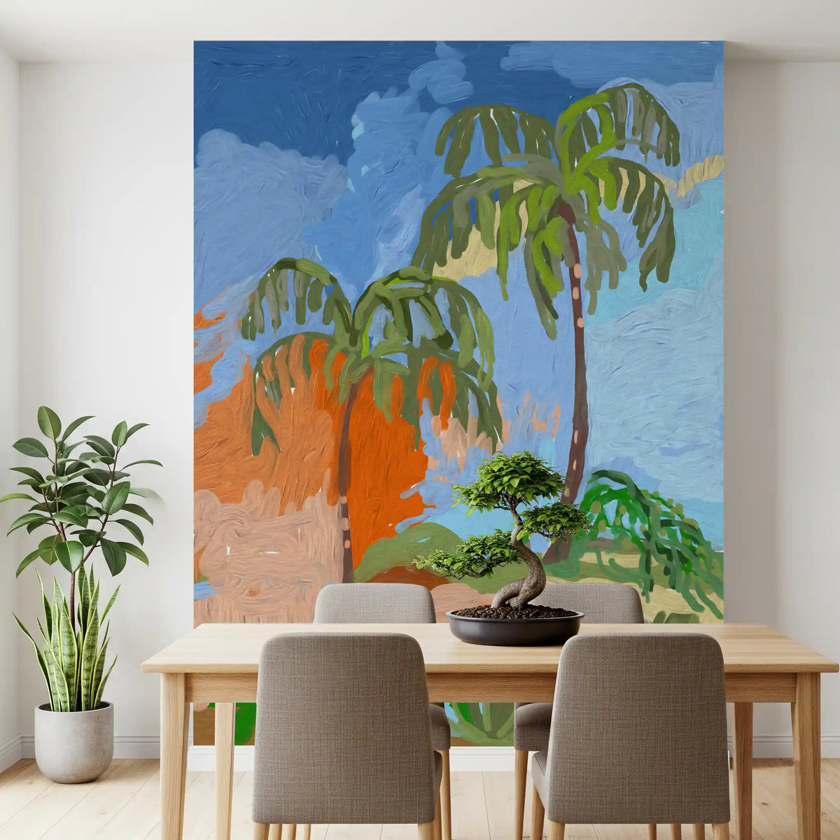 Murale da parete con impressione di oasi di palme costiera