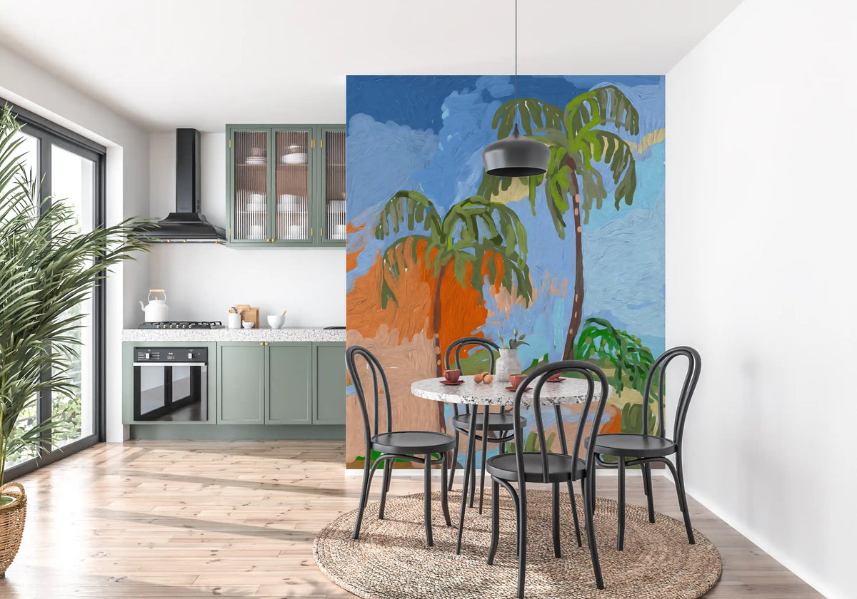Murale da parete con impressione di oasi di palme costiera