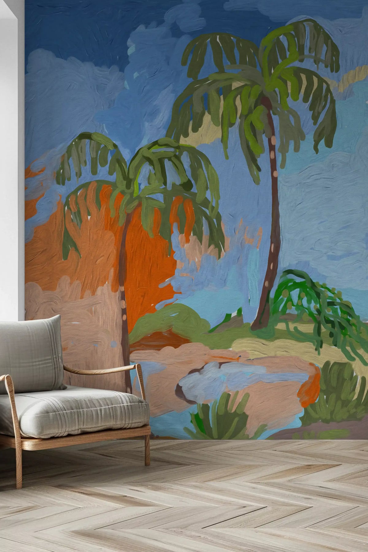 Murale da parete con impressione di oasi di palme costiera