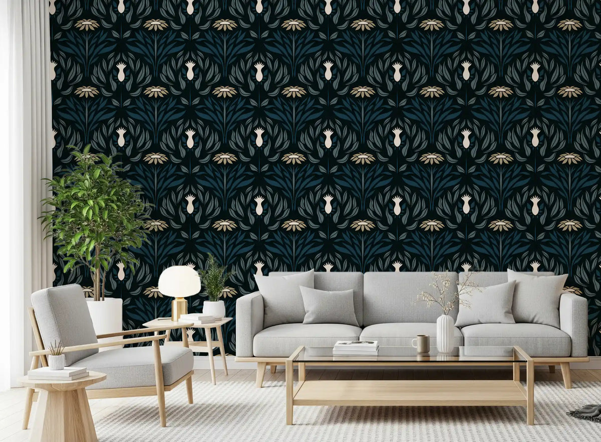 Teal and Cream Floral Symmetry Wallpaper⁠
