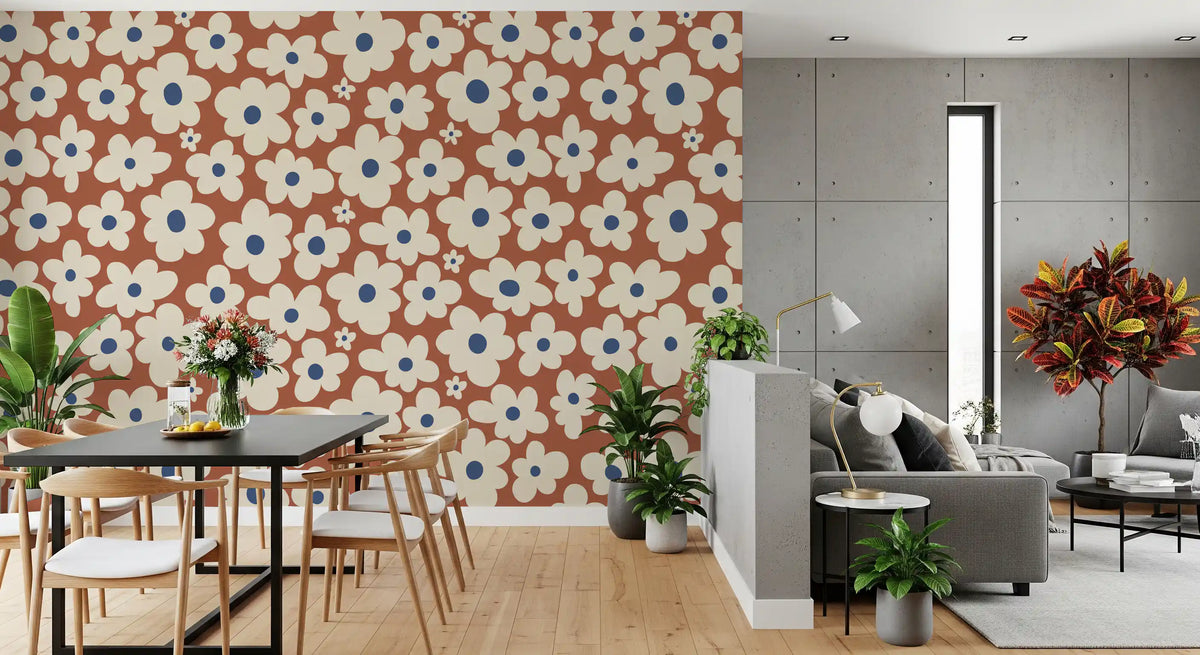 Papier peint panoramique à motif floral rétro crème et rouille