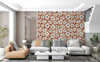Papier peint panoramique à motif floral rétro crème et rouille