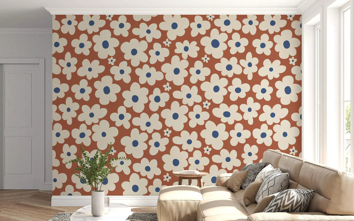 Papier peint panoramique à motif floral rétro crème et rouille